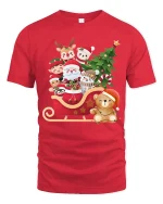 Cute Santa Sleigh Friends Tee Christmas Characters Holiday Tshirt - red t-shirt on white background