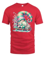 Cute Christmas Gnome Sledding Graphic Tee Festive Holiday T-Shirt - red t-shirt on white background