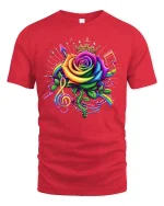 Rainbow Rose Music Crown Tee Vibrant Artistic Musical T-Shirt - red t-shirt on white background