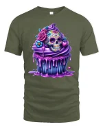Sugar Skull Cupcake Tee Colorful Sweet Day of the Dead Tshirt - military green t-shirt on white background