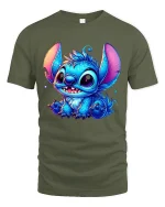 Cute Blue Creature Tee Adorable Big-Eye Cartoon Art Tshirt - military green t-shirt on white background