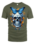 Blue Butterfly Skull Tee Floral Gothic Art Graphic Tshirt - military green t-shirt on white background