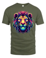 Neon Tribal Lion Tee Vibrant Colorful King of Jungle Tshirt - military green t-shirt on white background