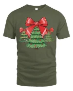 Cute Christmas Tree Bow Tee Festive Holiday Family Tshirt - military green t-shirt on white background