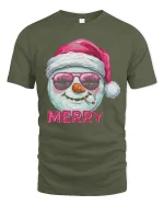 Funny Merry Snowman Tee with Santa Hat Cool Holiday Tshirt - military green t-shirt on white background