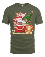 Cute Santa Sleigh Friends Tee Christmas Characters Holiday Tshirt - military green t-shirt on white background