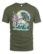 Cute Christmas Gnome Sledding Graphic Tee Festive Holiday T-Shirt - military green t-shirt on white background