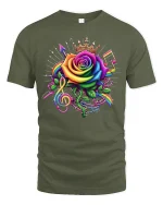 Rainbow Rose Music Crown Tee Vibrant Artistic Musical T-Shirt - military green t-shirt on white background