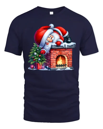 Funny Santa Chimney Tee Cute Christmas Fireplace T-Shirt Gift - navy t-shirt on white background