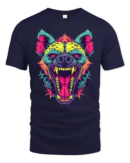 Neon Roaring Hyena Tee Wild Colorful Animal Art Tshirt - navy t-shirt on white background