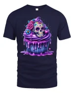 Sugar Skull Cupcake Tee Colorful Sweet Day of the Dead Tshirt - navy t-shirt on white background