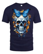 Blue Butterfly Skull Tee Floral Gothic Art Graphic Tshirt - navy t-shirt on white background