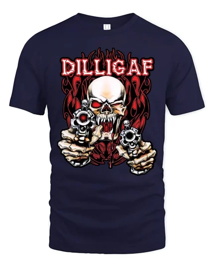 DILLIGAF Skull Tee Savage Guns Graphic Tshirt for Men - navy t-shirt on white background