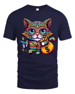 Gangster Money Cat Tee Colorful Cool Kitty Graphic Tshirt - navy t-shirt on white background