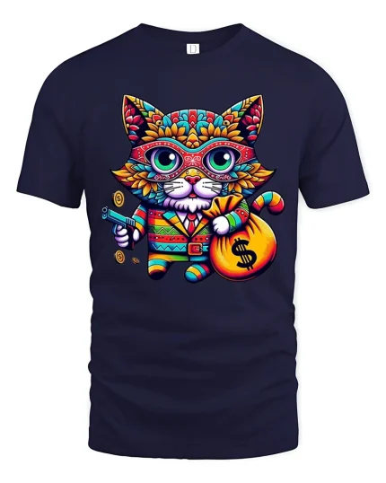 Gangster Money Cat Tee Colorful Cool Kitty Graphic Tshirt - navy t-shirt on white background