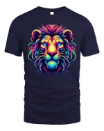 Neon Tribal Lion Tee Vibrant Colorful King of Jungle Tshirt - navy t-shirt on white background