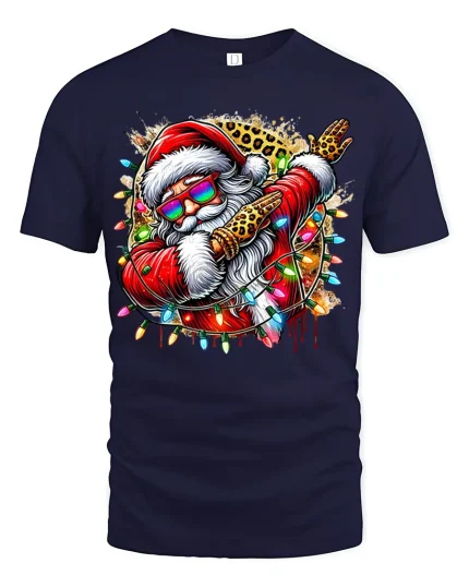 Funny Dabbing Santa Tee Cool Christmas Lights Leopard Tshirt - navy t-shirt on white background