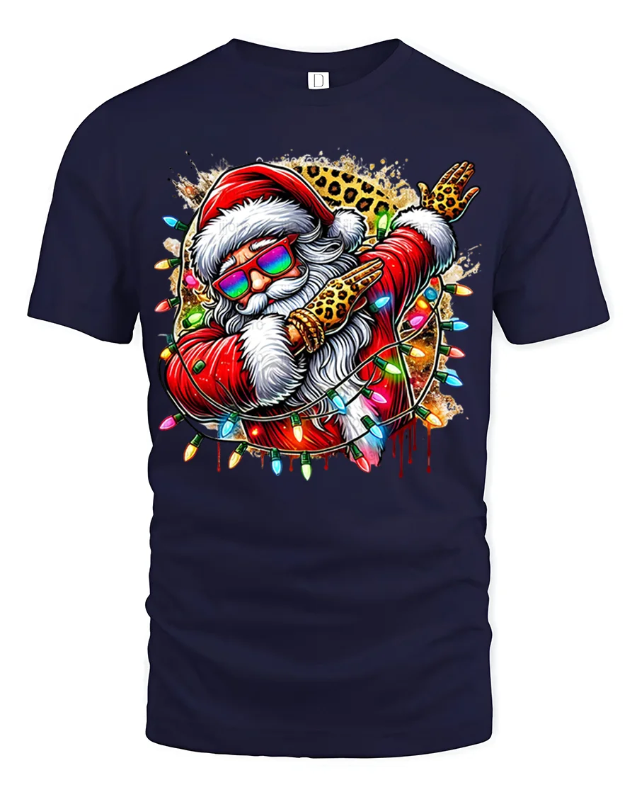 Funny Dabbing Santa Tee Cool Christmas Lights Leopard Tshirt - 1 Funny Dabbing Santa Tee Cool Christmas Lights Leopard Tshirt - navy t-shirt on white background