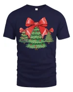 Cute Christmas Tree Bow Tee Festive Holiday Family Tshirt - navy t-shirt on white background