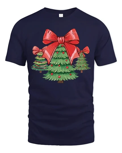 Cute Christmas Tree Bow Tee Festive Holiday Family Tshirt - navy t-shirt on white background