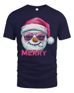 Funny Merry Snowman Tee with Santa Hat Cool Holiday Tshirt - navy t-shirt on white background