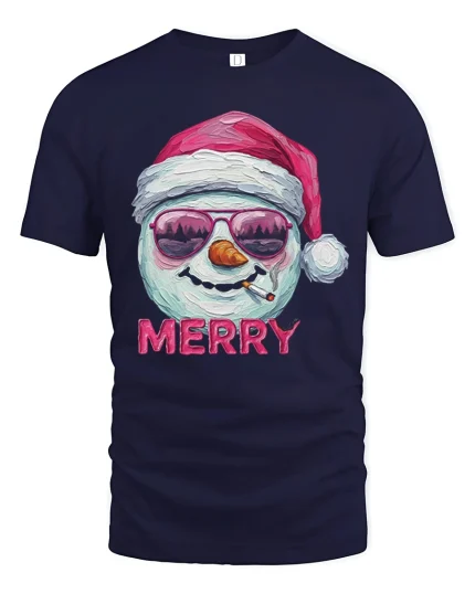 Funny Merry Snowman Tee with Santa Hat Cool Holiday Tshirt - navy t-shirt on white background