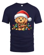 Cute Christmas Puppy Lights Tee Funny Holiday Dog Lover Tshirt - navy t-shirt on white background