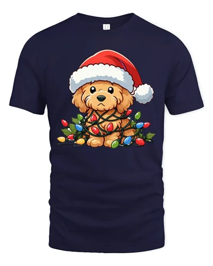 Cute Christmas Puppy Lights Tee Funny Holiday Dog Lover Tshirt - navy t-shirt on white background