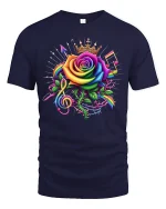 Rainbow Rose Music Crown Tee Vibrant Artistic Musical T-Shirt - navy t-shirt on white background