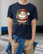 Cute Santa Christmas Lights Tee Adorable Holiday Graphic T-Shirt - model wearing navy tee with hands in pockets