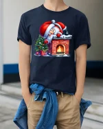 Funny Santa Chimney Tee Cute Christmas Fireplace T-Shirt Gift - model wearing navy tee with hands in pockets