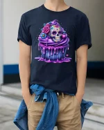 Sugar Skull Cupcake Tee Colorful Sweet Day of the Dead Tshirt - model wearing navy tee with hands in pockets