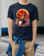 Octopus Drummer Tee Cool Moonlit Tentacle Drum Art Tshirt - model wearing navy tee with hands in pockets