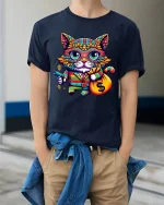 Gangster Money Cat Tee Colorful Cool Kitty Graphic Tshirt - model wearing navy tee with hands in pockets