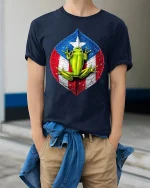 Puerto Rico Flag Frog Art Tee Colorful Tropical Pride T-Shirt - model wearing navy tee with hands in pockets