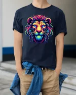 Neon Tribal Lion Tee Vibrant Colorful King of Jungle Tshirt - model wearing navy tee with hands in pockets