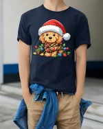 Cute Christmas Puppy Lights Tee Funny Holiday Dog Lover Tshirt - model wearing navy tee with hands in pockets