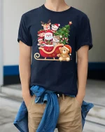 Cute Santa Sleigh Friends Tee Christmas Characters Holiday Tshirt - model wearing navy tee with hands in pockets