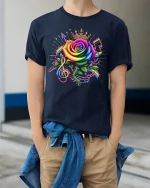 Rainbow Rose Music Crown Tee Vibrant Artistic Musical T-Shirt - model wearing navy tee with hands in pockets