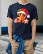 Cute Gingerbread Christmas Tee Sweet Holiday Cookie T-Shirt - model wearing navy tee with hands in pockets