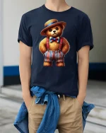 Cute Dapper Bear Suspenders Tee Adorable Vintage Style T-Shirt - model wearing navy tee with hands in pockets