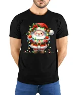 Cute Santa Christmas Lights Tee Adorable Holiday Graphic T-Shirt - model wearing black tee with hands behind back