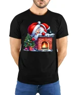 Funny Santa Chimney Tee Cute Christmas Fireplace T-Shirt Gift - model wearing black tee with hands behind back