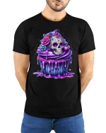Sugar Skull Cupcake Tee Colorful Sweet Day of the Dead Tshirt - model wearing black tee with hands behind back