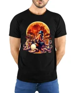 Octopus Drummer Tee Cool Moonlit Tentacle Drum Art Tshirt - model wearing black tee with hands behind back