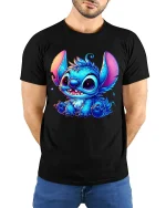 Cute Blue Creature Tee Adorable Big-Eye Cartoon Art Tshirt - model wearing black tee with hands behind back