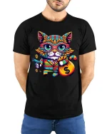 Gangster Money Cat Tee Colorful Cool Kitty Graphic Tshirt - model wearing black tee with hands behind back