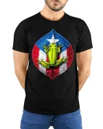 Puerto Rico Flag Frog Art Tee Colorful Tropical Pride T-Shirt - model wearing black tee with hands behind back