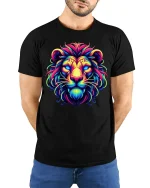 Neon Tribal Lion Tee Vibrant Colorful King of Jungle Tshirt - model wearing black tee with hands behind back
