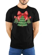 Cute Christmas Tree Bow Tee Festive Holiday Family Tshirt - model wearing black tee with hands behind back